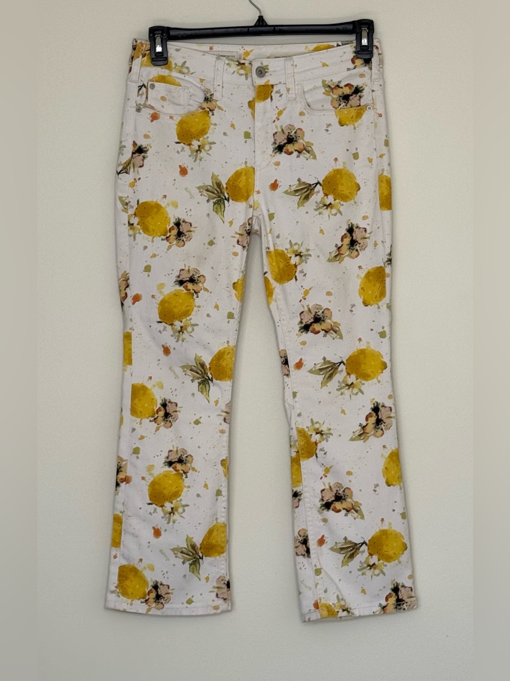 Pilcro White high rise cropped bootcut Jeans with Yellow Lemon & Floral Print